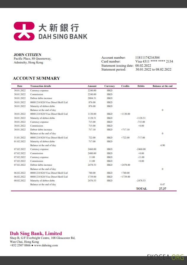 Relevé de la banque DAH Sing de Hong Kong